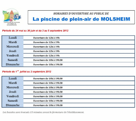 Horaires d'ouverture de la piscine de Molsheim