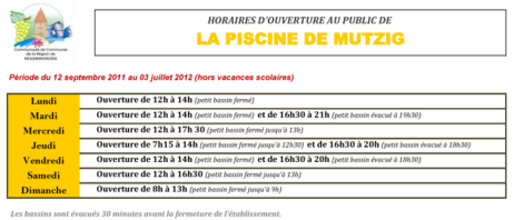 Horaires d'ouverture de la piscine de Mutzig