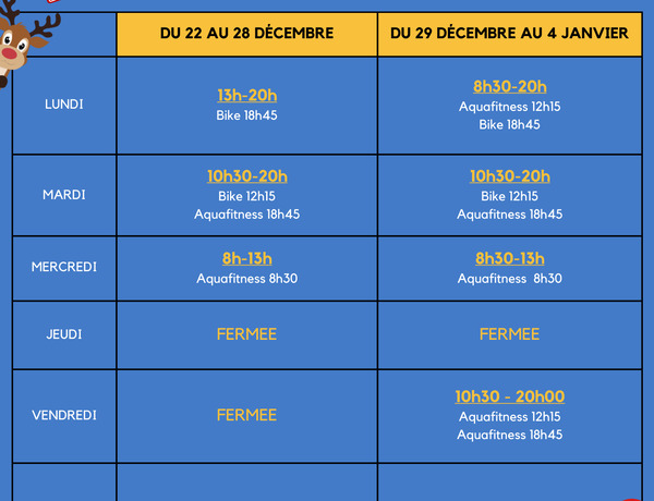Horaires des piscines - Vacances de Noël