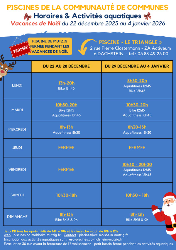 Horaires - Vacances de Noël 